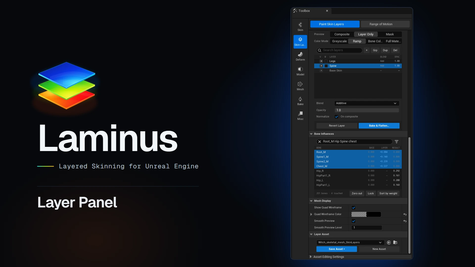 Laminus layer panel showing the layer stack, blend and opacity controls, and Base, Layer and Result bone influences